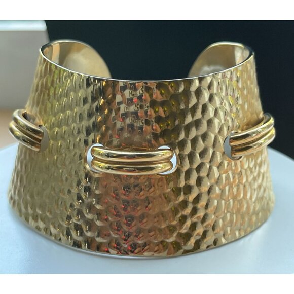 Hammered Gold Plated Ornate Design Cuff Vintage Thick Concave Bracelet Runway 80 - Picture 6 of 14